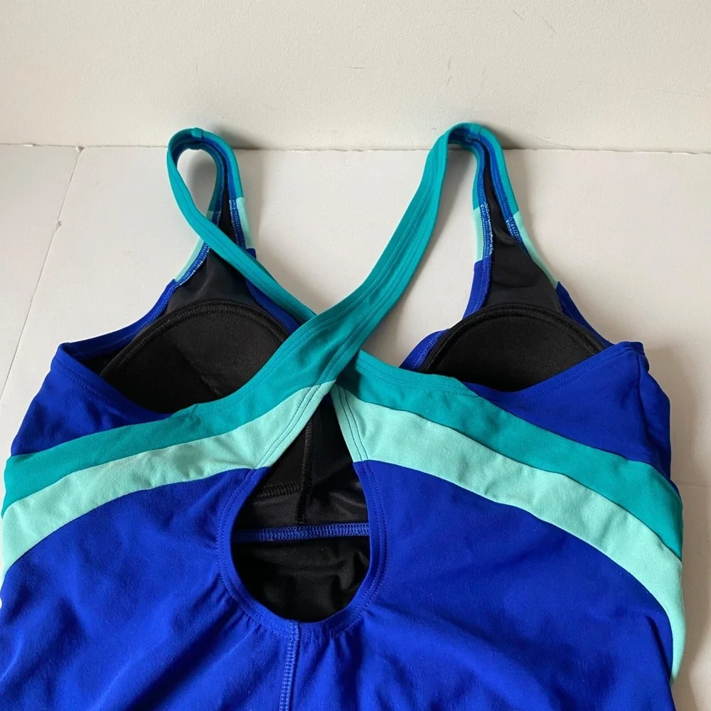 Lands End Womens Blue Colorblock One Piece Swimsuit Crisscross Back 10P Petite